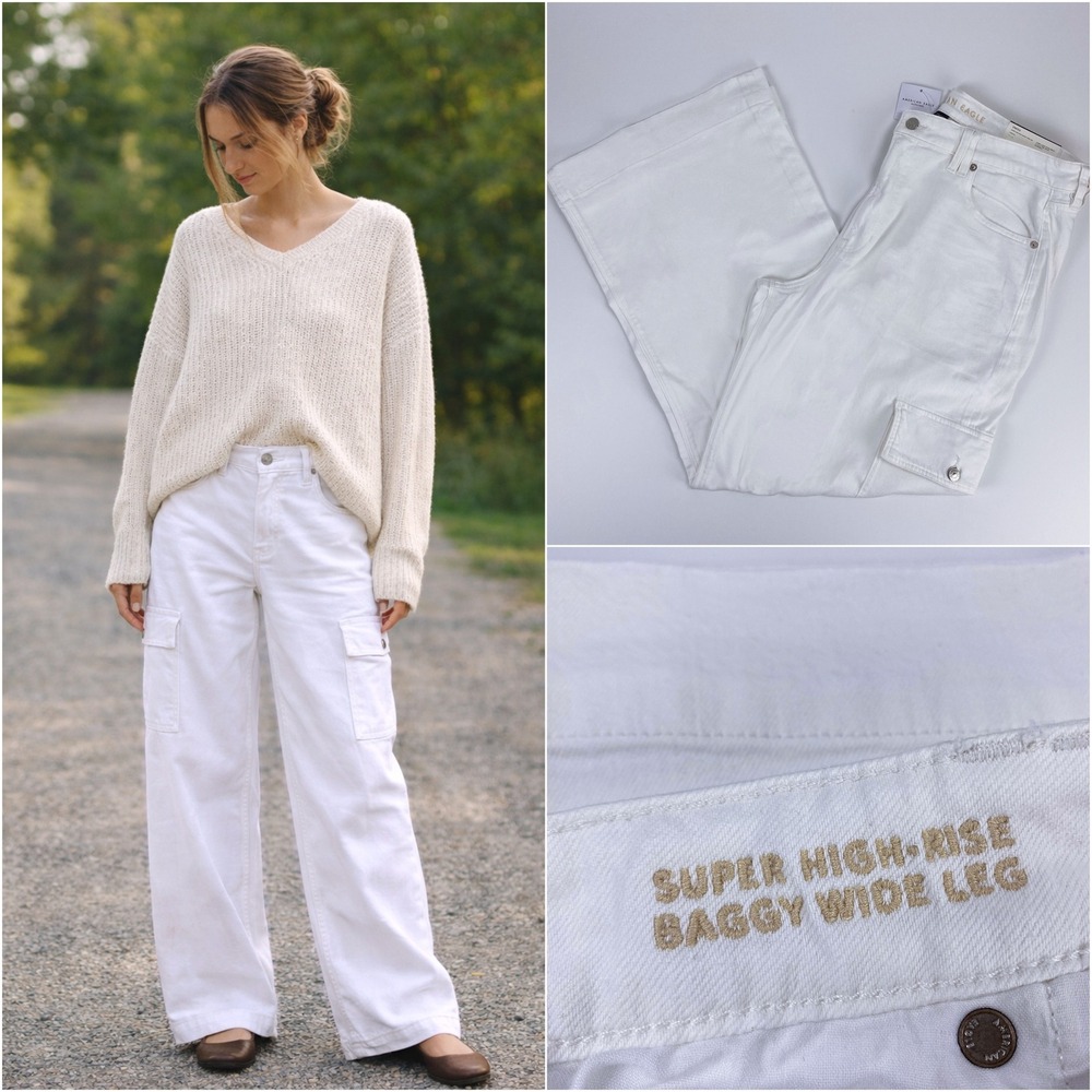 NWT AE High Rise‎ 90s Y2K Baggy Wide Leg Cargo Utility Jeans 16 White Slouchy
